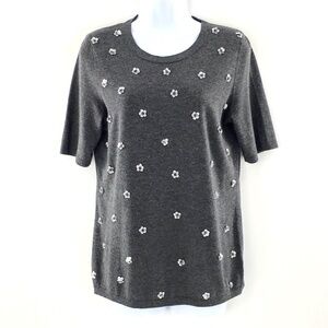 Talbots Womens Short Sleeve Sweater Grey Sequin Floral Embellished Cotton Sz S